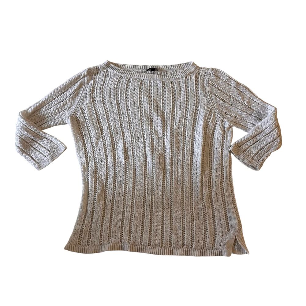 Talbots White Linen Open Knit Sweater Top Sz LP Preppy Quiet Luxury Old Money